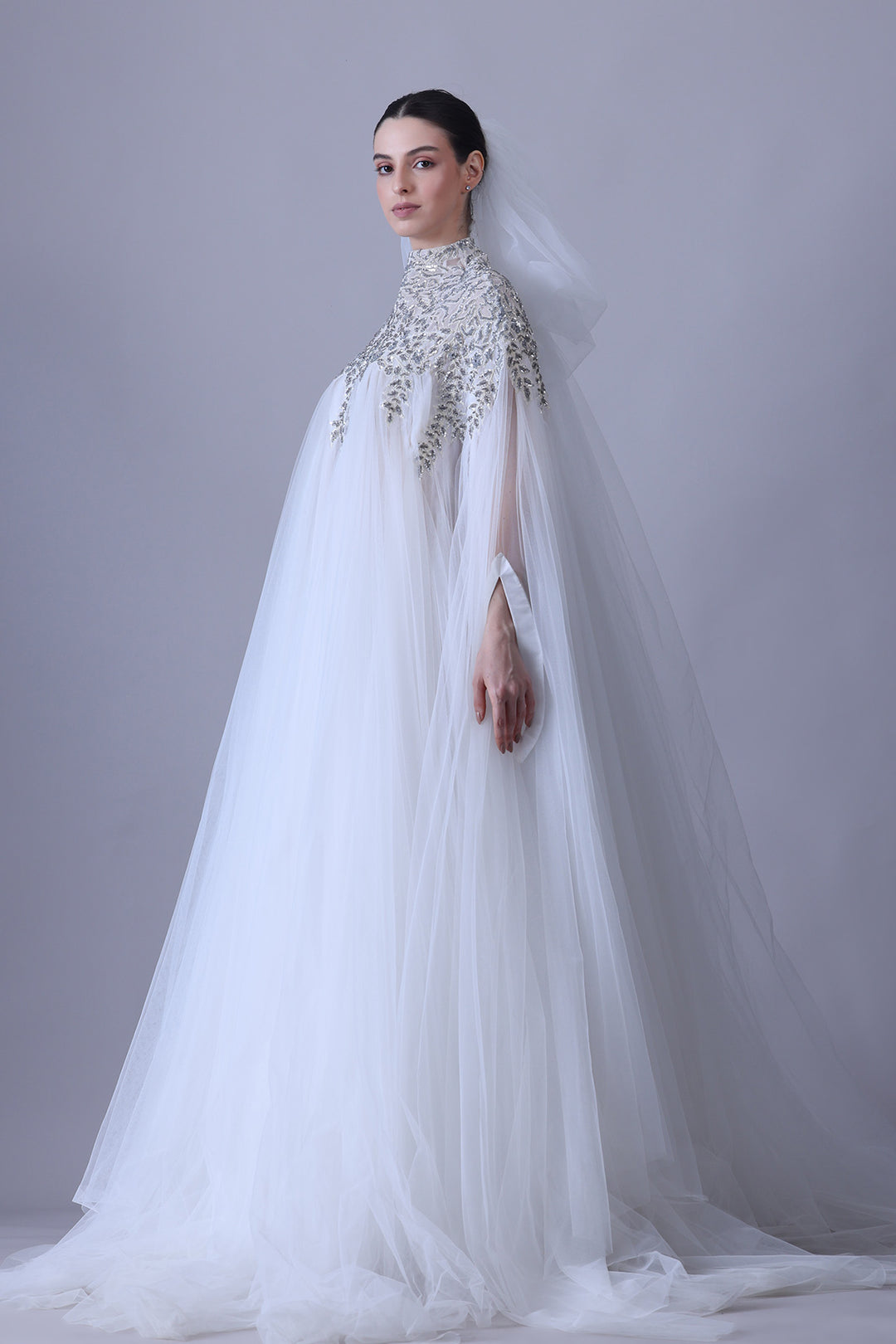 Ethereal Ivory Embroidered Dress with Draped Tulle Overlay