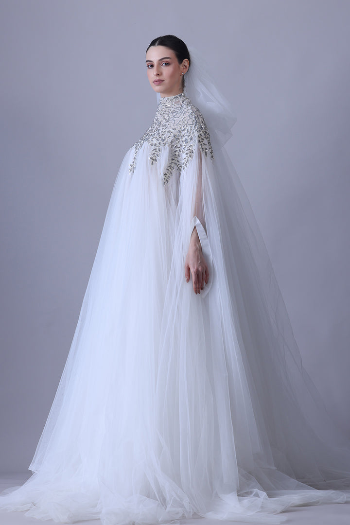 Ethereal Ivory Embroidered Dress with Draped Tulle Overlay