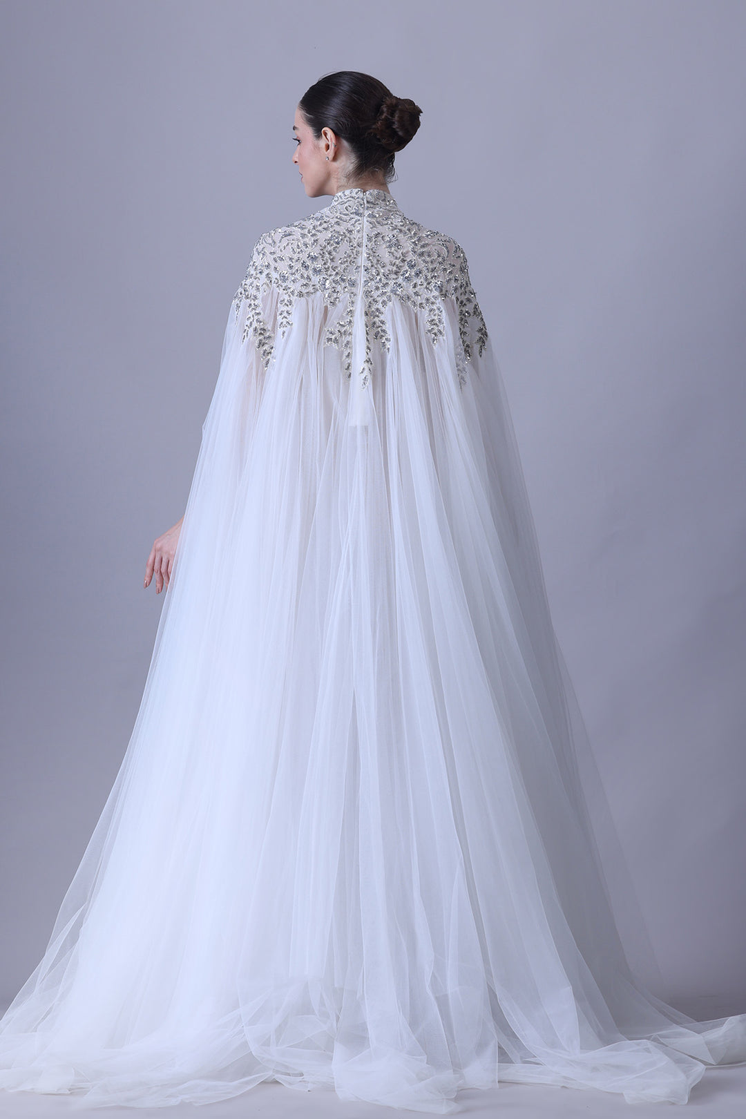 Ethereal Ivory Embroidered Dress with Draped Tulle Overlay