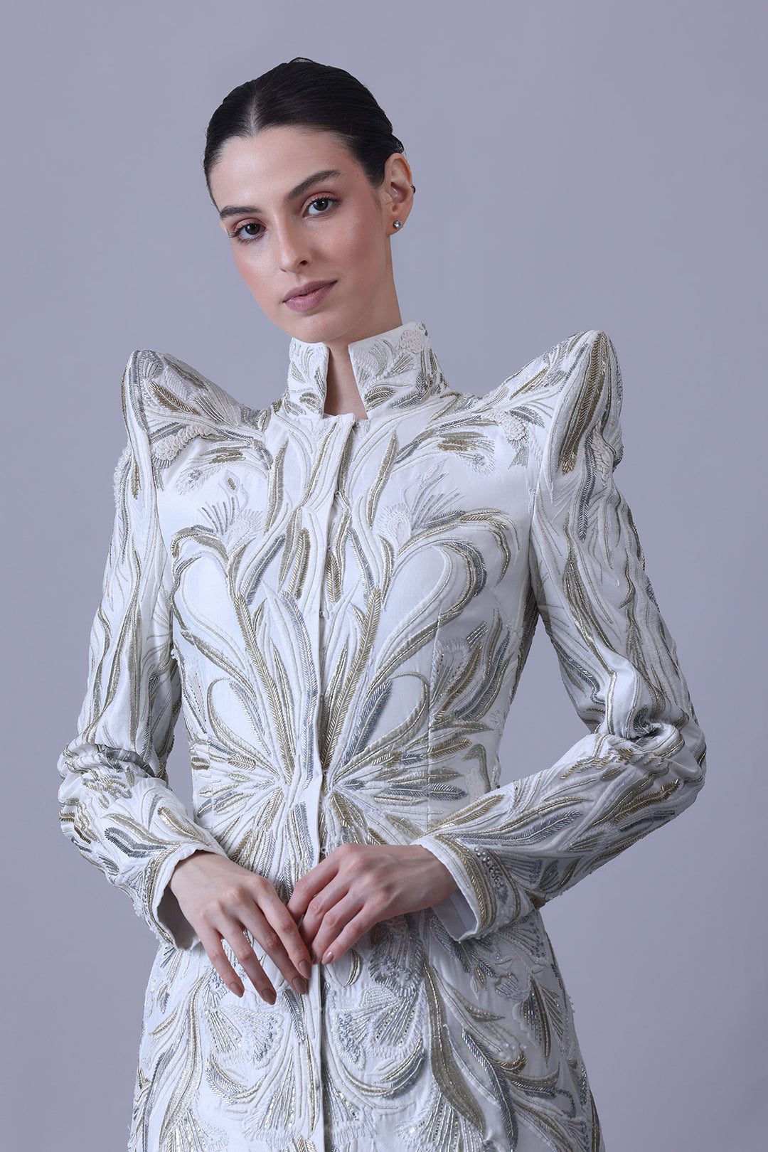 Regal Ivory Structured Gown with Floral Work