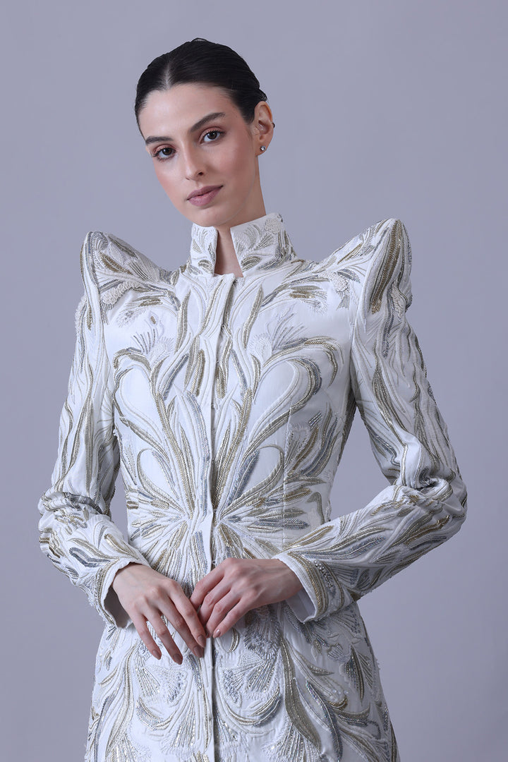 Regal Ivory Structured Gown with Floral Work