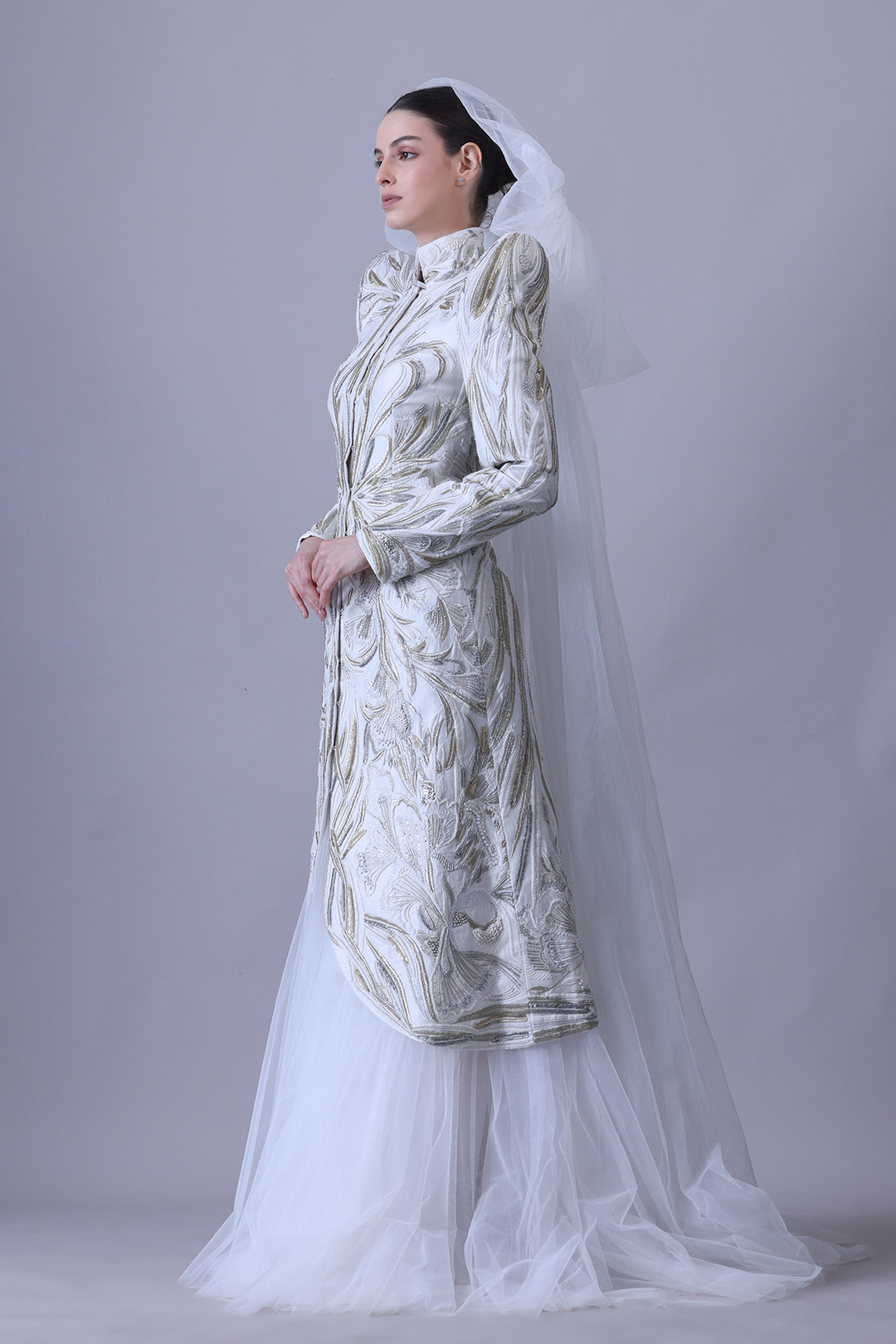 Regal Ivory Structured Gown with Floral Work