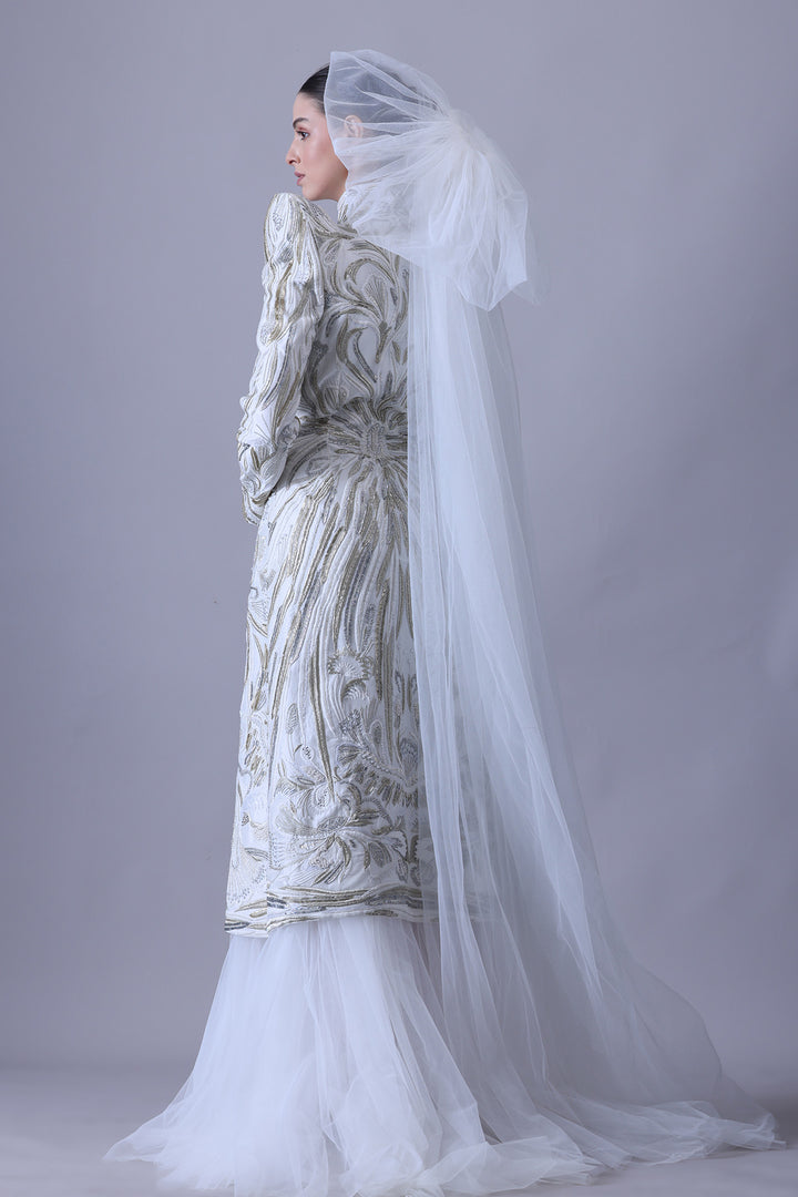 Regal Ivory Structured Gown with Floral Work