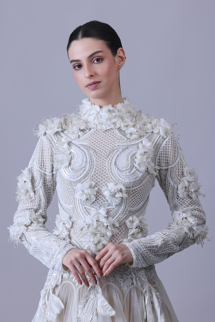 Ivory Structured Embellished Long Sleeve Gown