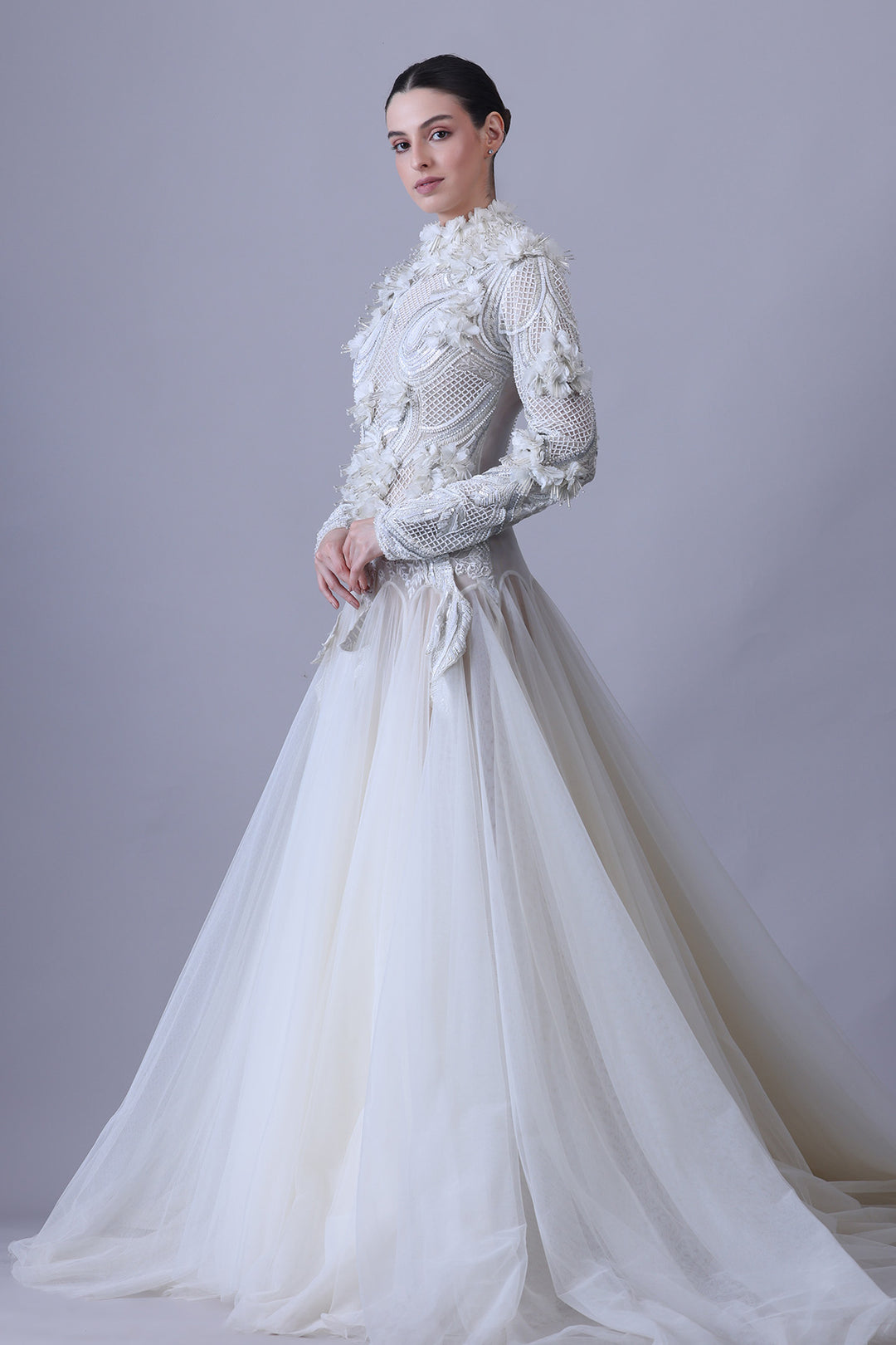 Ivory Structured Embellished Long Sleeve Gown