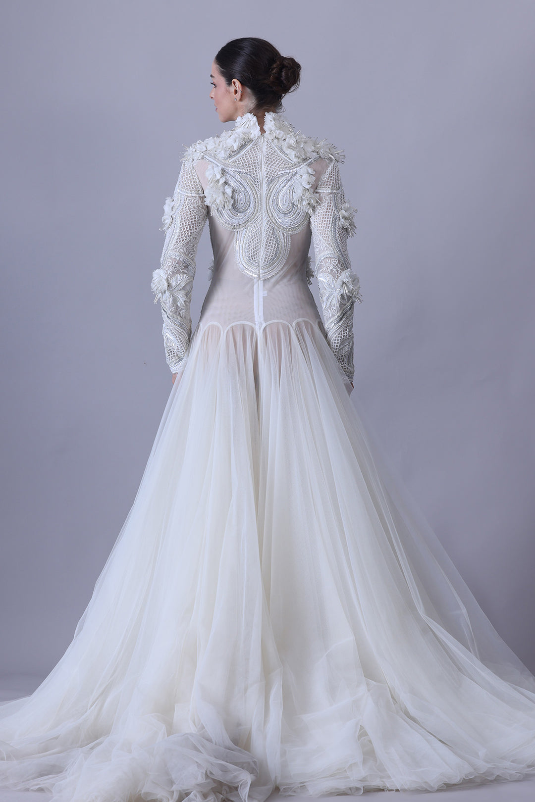 Ivory Structured Embellished Long Sleeve Gown