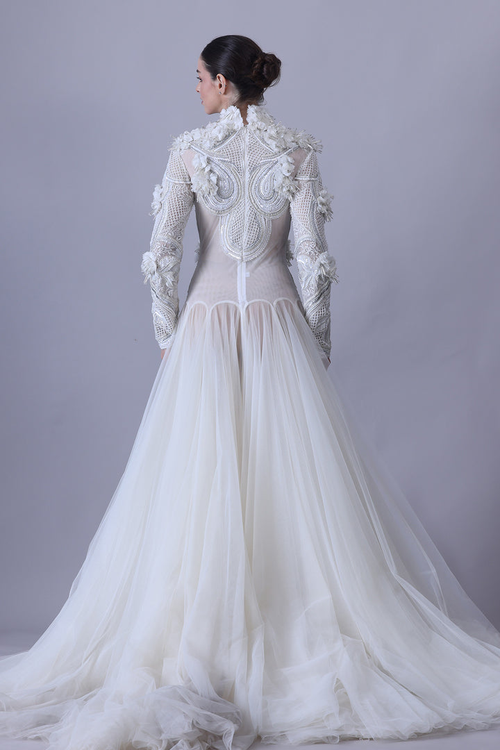 Ivory Structured Embellished Long Sleeve Gown