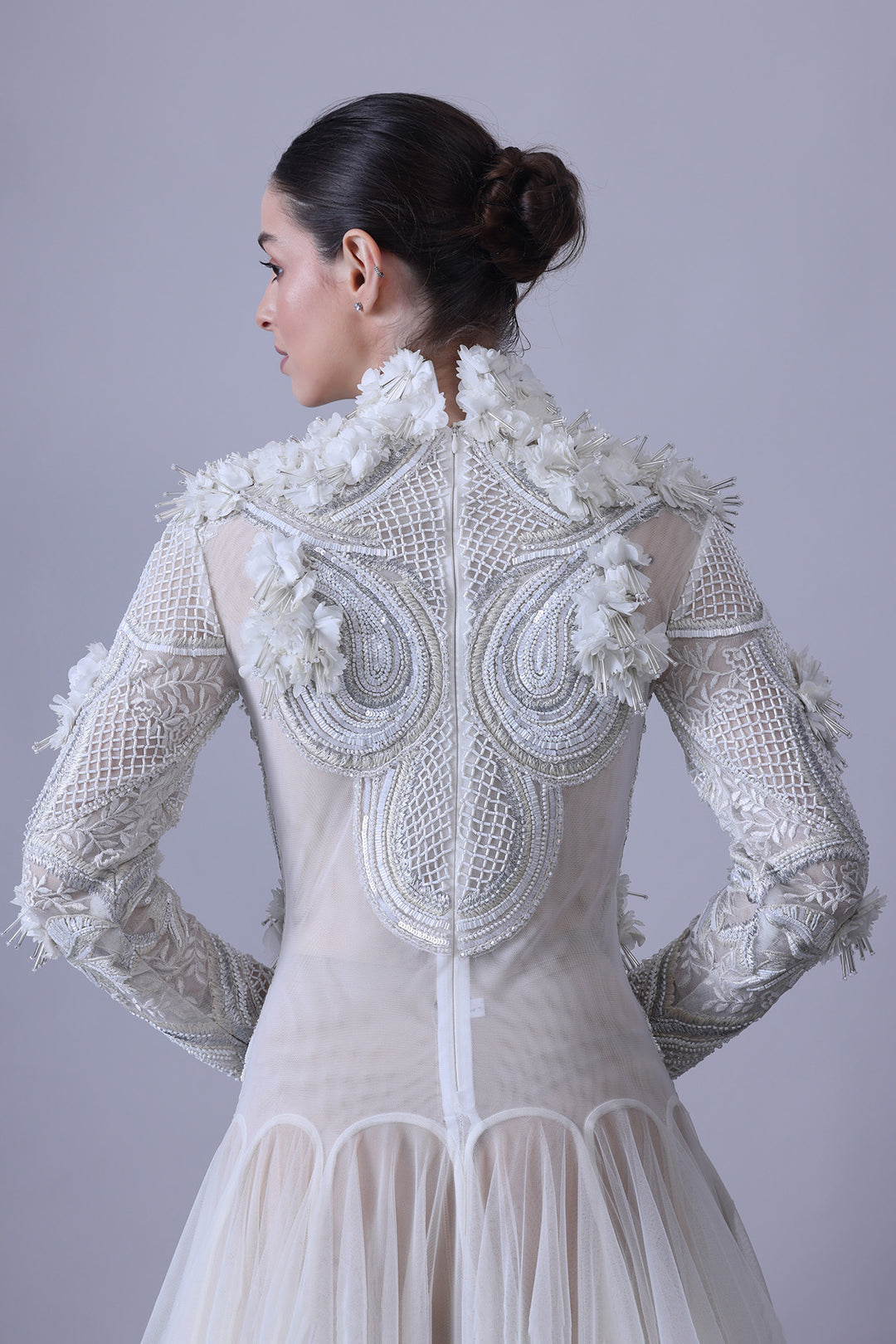 Ivory Structured Embellished Long Sleeve Gown