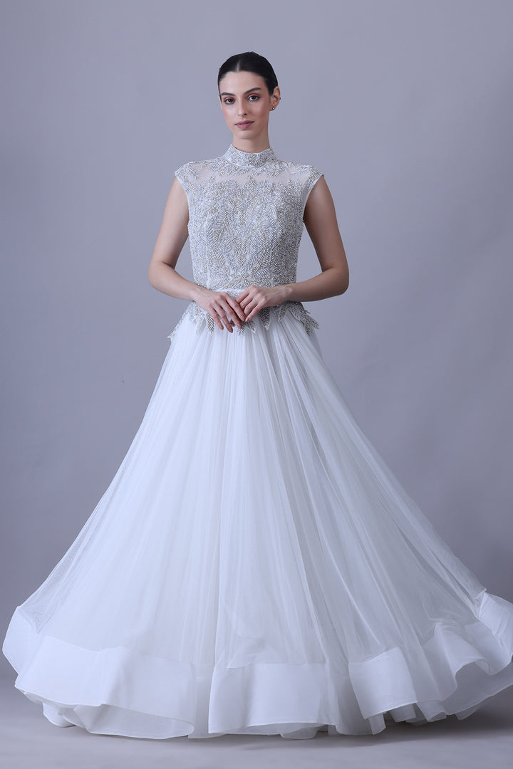 Pearl Ivory Gown with Sheer Embroidered Neckline