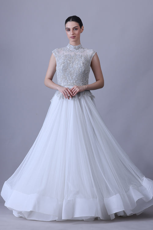 Pearl Ivory Gown with Sheer Embroidered Neckline