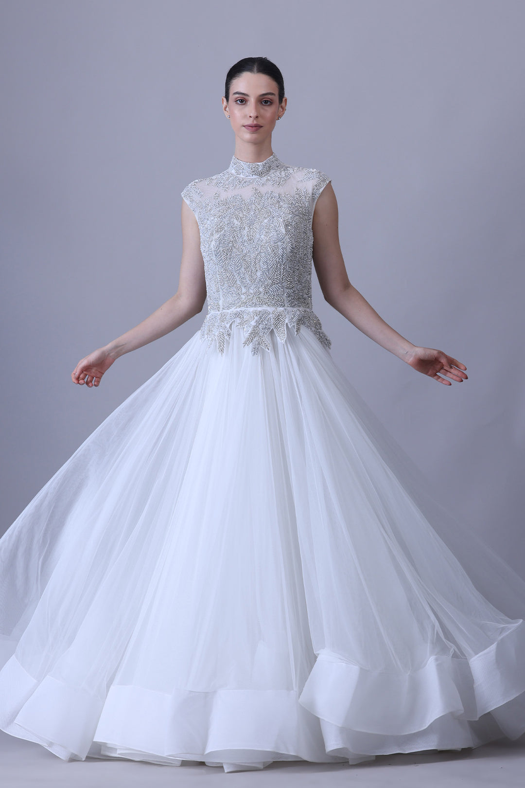 Pearl Ivory Gown with Sheer Embroidered Neckline