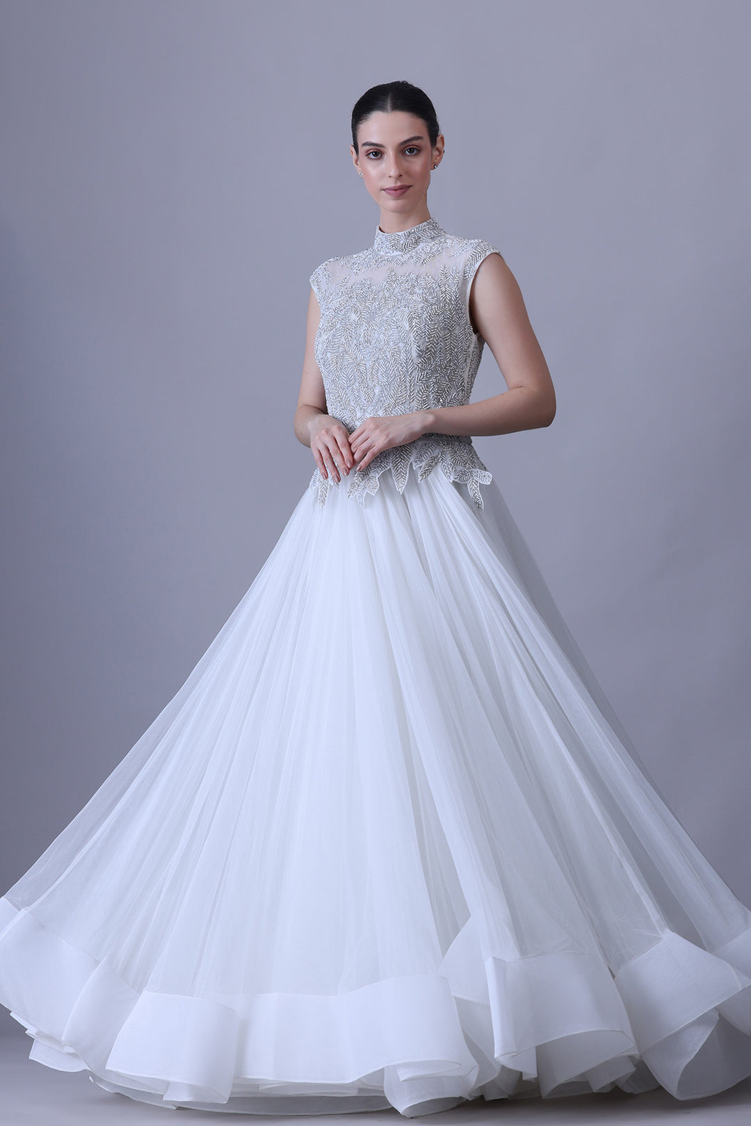 Pearl Ivory Gown with Sheer Embroidered Neckline