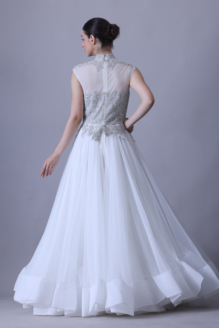 Pearl Ivory Gown with Sheer Embroidered Neckline
