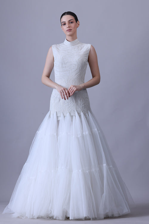 Sculpted Pearl Ivory Gown with Tiered Tulle Flare