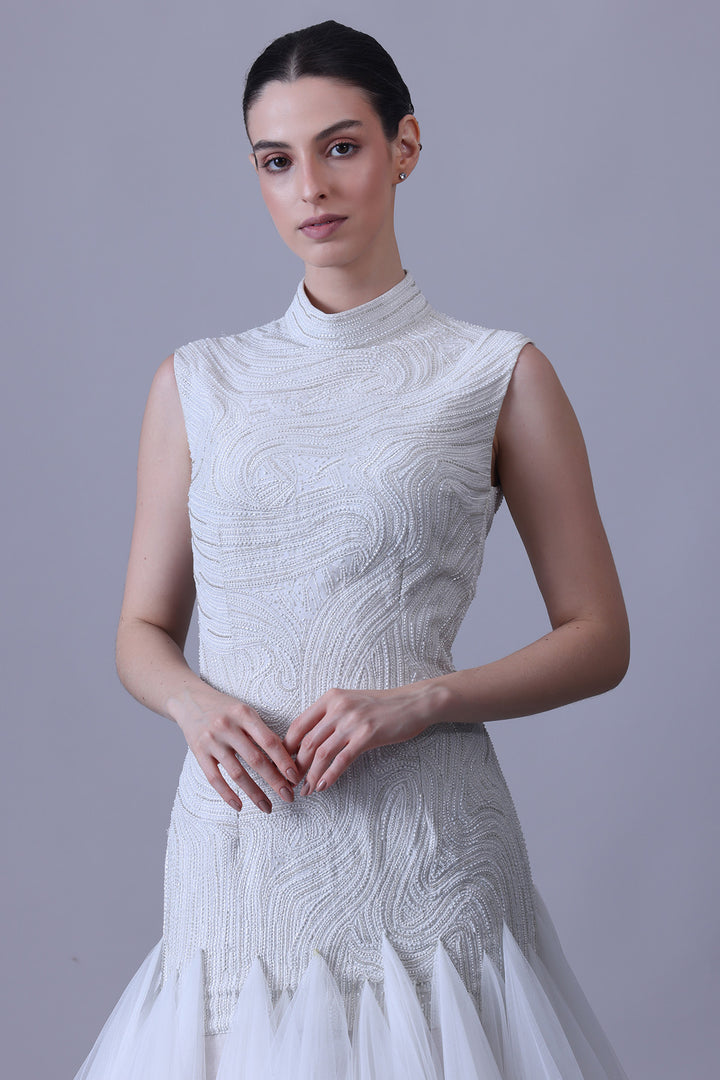 Sculpted Pearl Ivory Gown with Tiered Tulle Flare