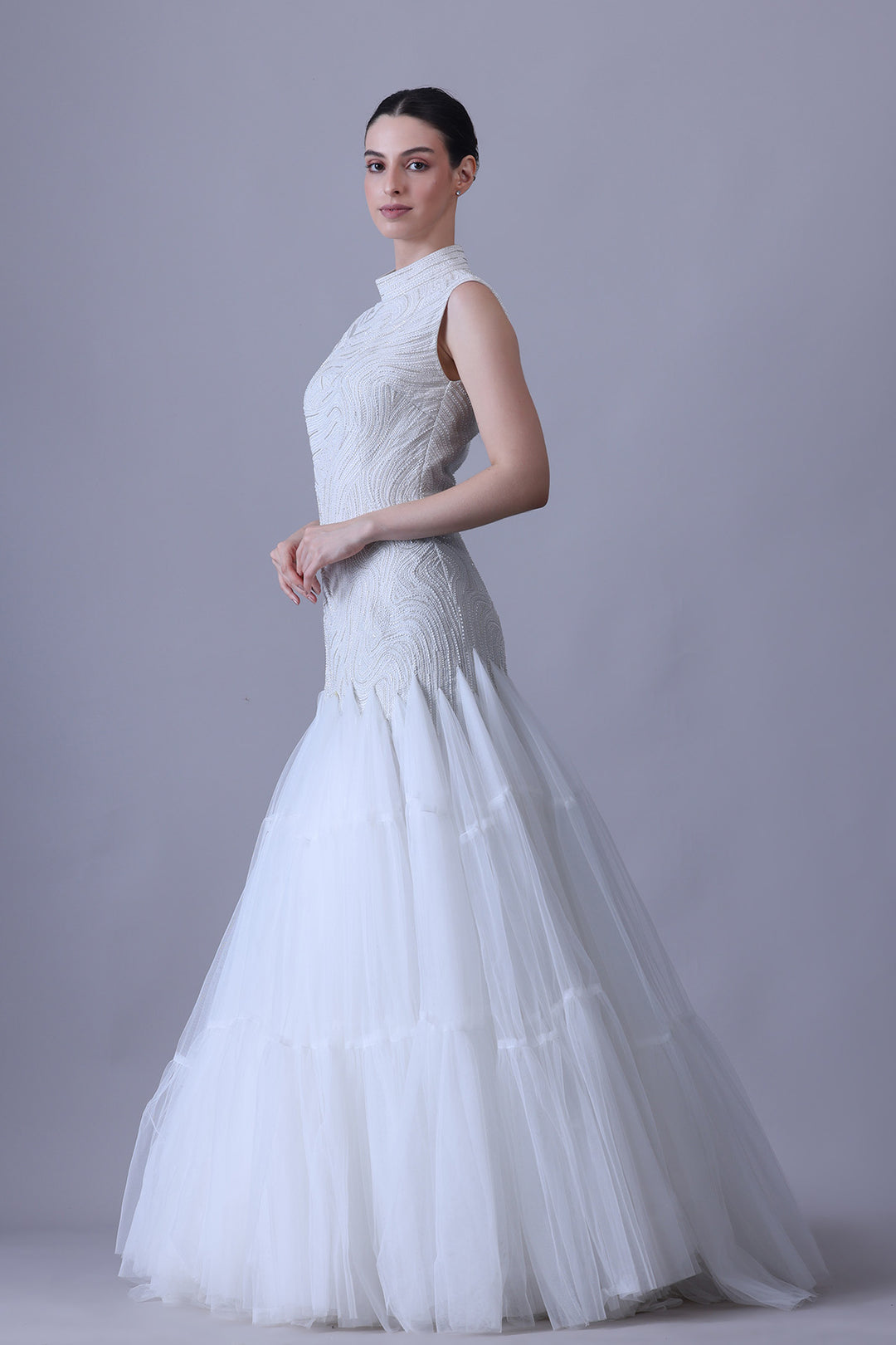 Sculpted Pearl Ivory Gown with Tiered Tulle Flare