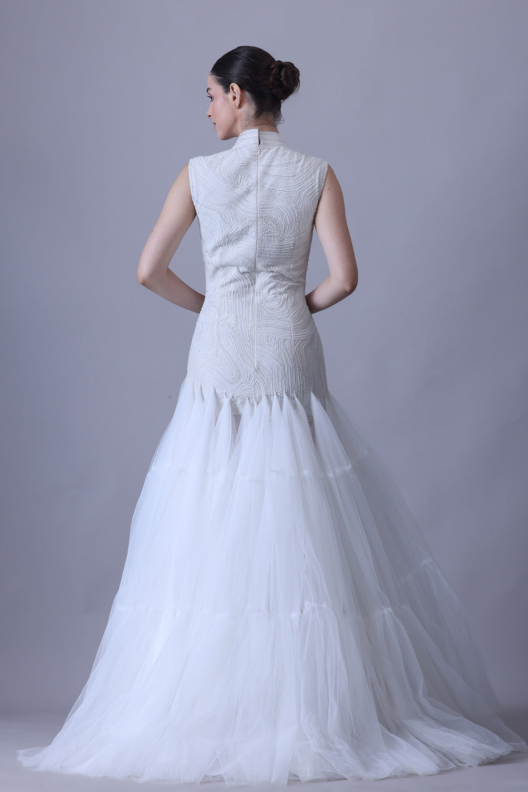 Sculpted Pearl Ivory Gown with Tiered Tulle Flare