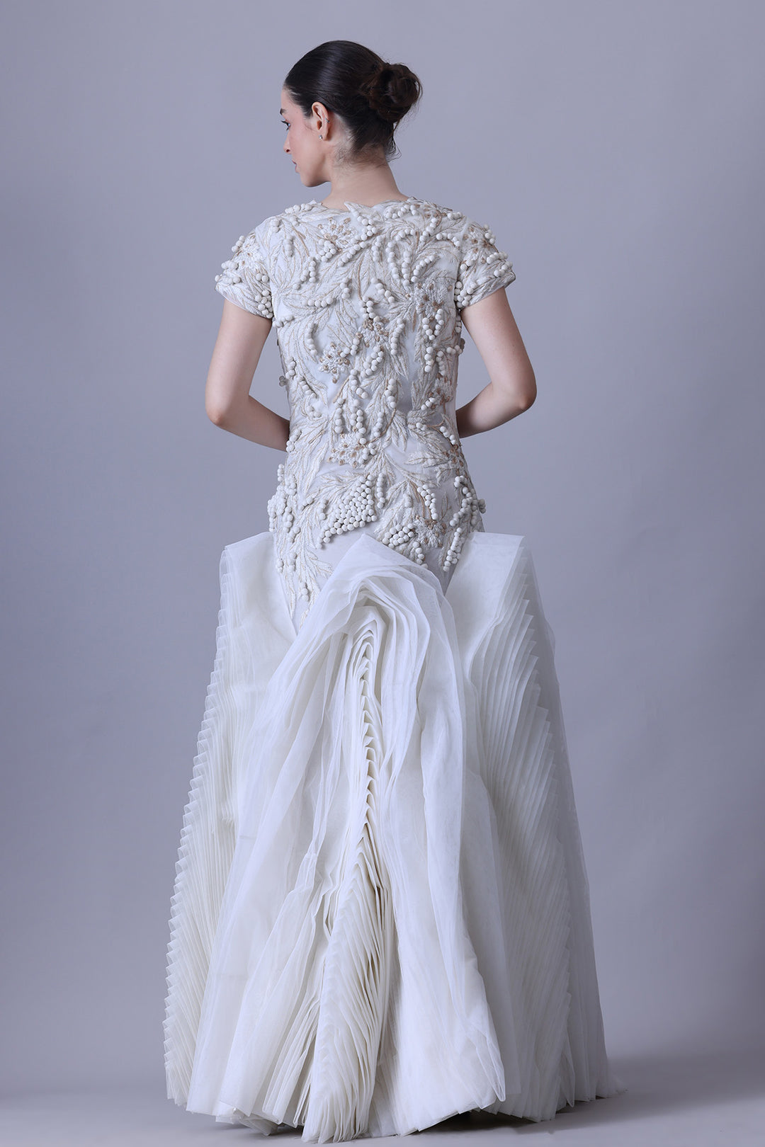 Pearl Ivory Structured Bodice Gown with Sculptural Pleated Skirt