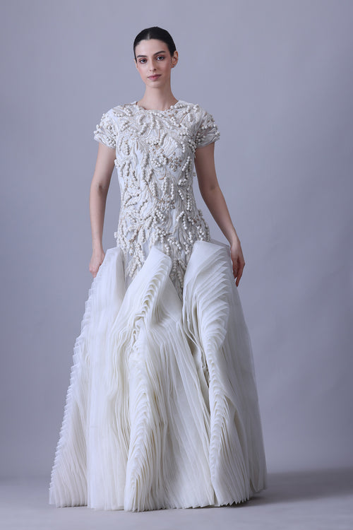 Pearl Ivory Structured Bodice Gown with Sculptural Pleated Skirt