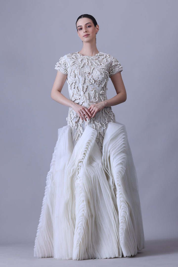 Pearl Ivory Structured Bodice Gown with Sculptural Pleated Skirt