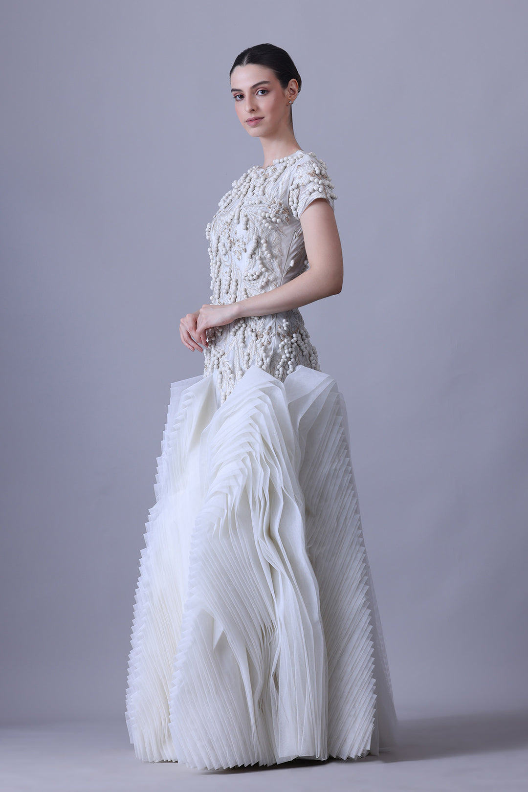 Pearl Ivory Structured Bodice Gown with Sculptural Pleated Skirt