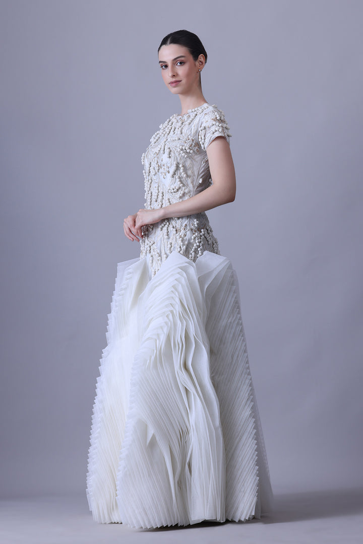 Pearl Ivory Structured Bodice Gown with Sculptural Pleated Skirt