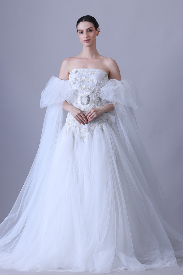 Ivory Strapless Gown with Sheer Tulle Sleeve Drapes
