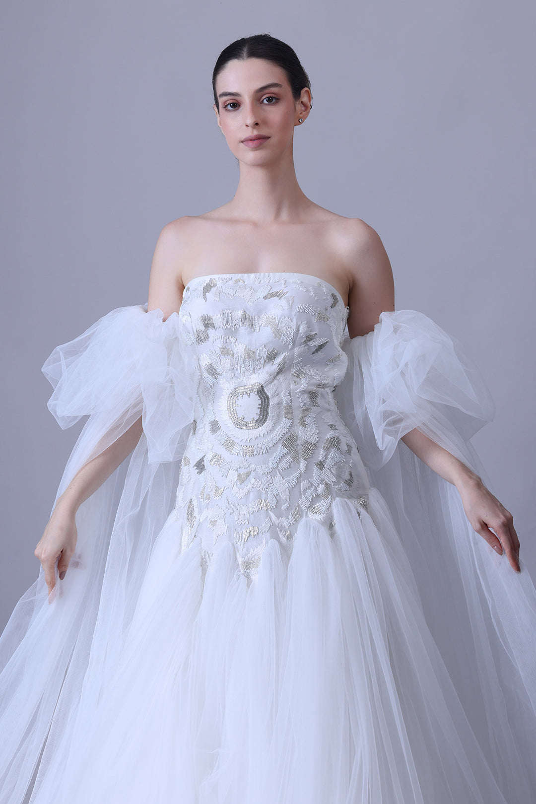 Ivory Strapless Gown with Sheer Tulle Sleeve Drapes