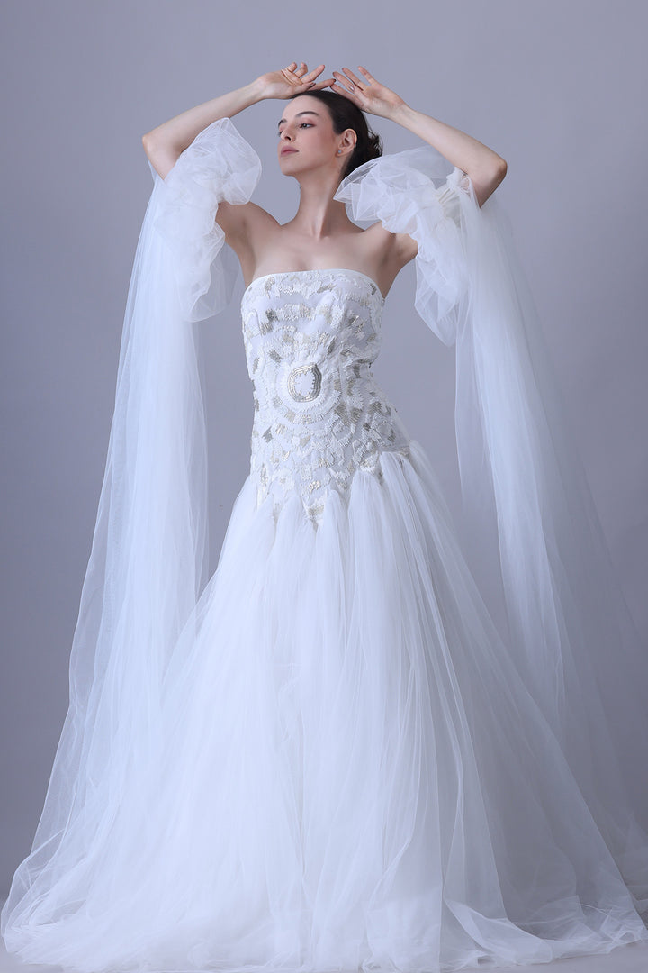 Ivory Strapless Gown with Sheer Tulle Sleeve Drapes
