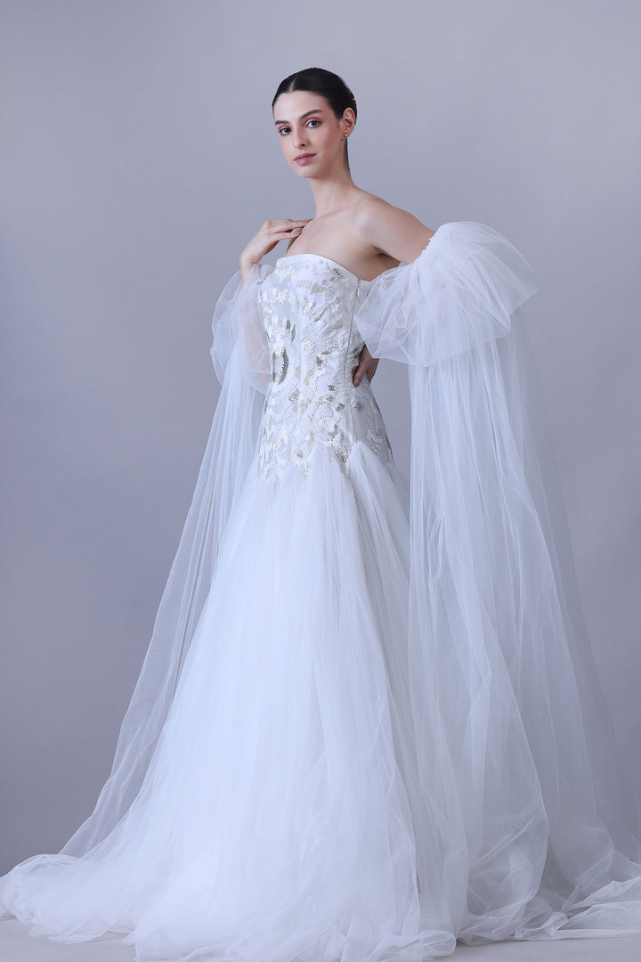 Ivory Strapless Gown with Sheer Tulle Sleeve Drapes