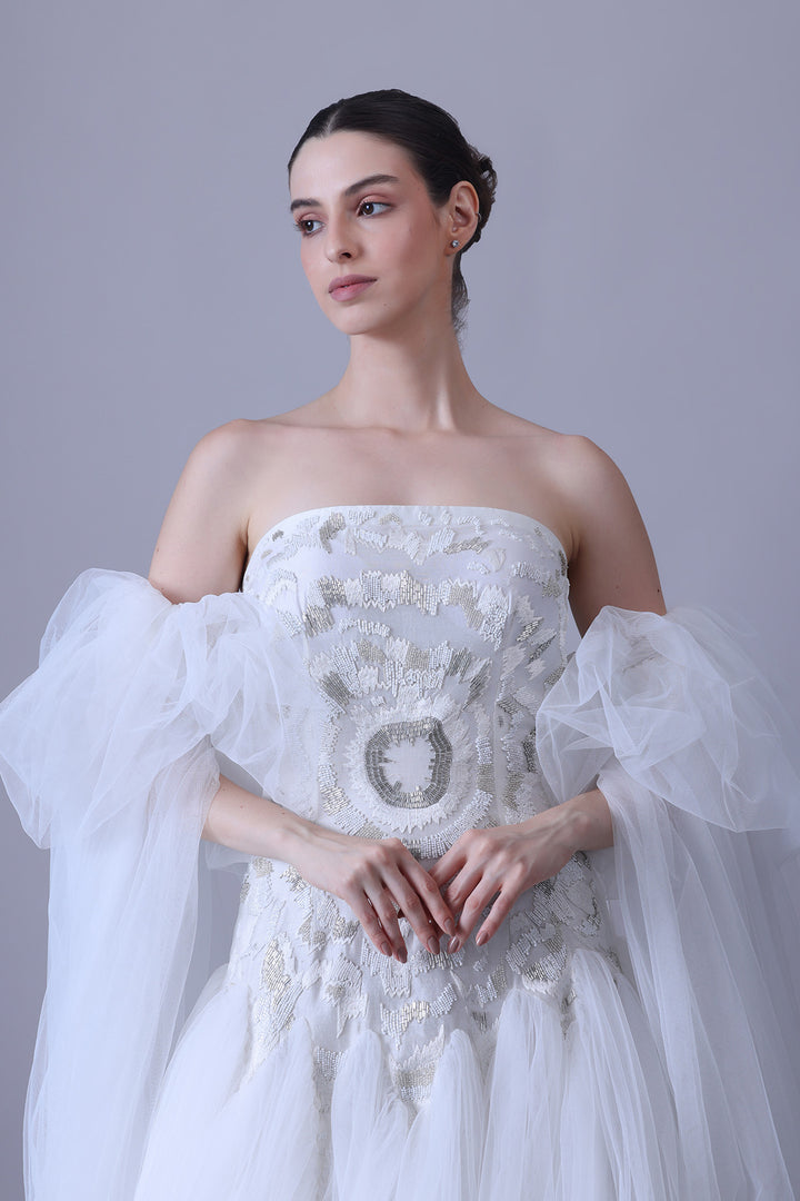 Ivory Strapless Gown with Sheer Tulle Sleeve Drapes