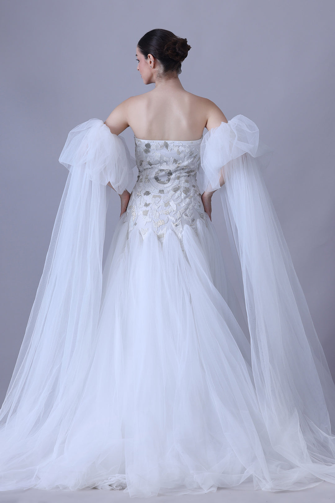 Ivory Strapless Gown with Sheer Tulle Sleeve Drapes