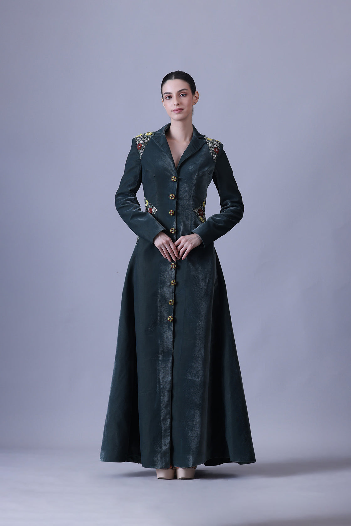 Deep Green Dress Crafted With Delicate Embroidered Accents