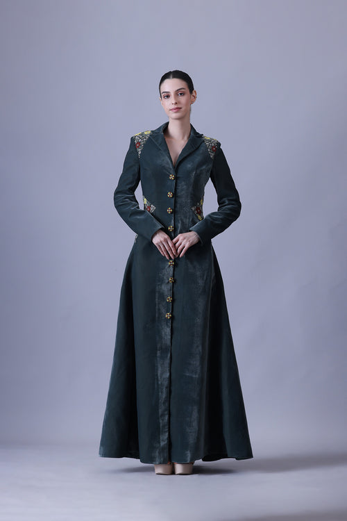 Deep Green Dress Crafted With Delicate Embroidered Accents