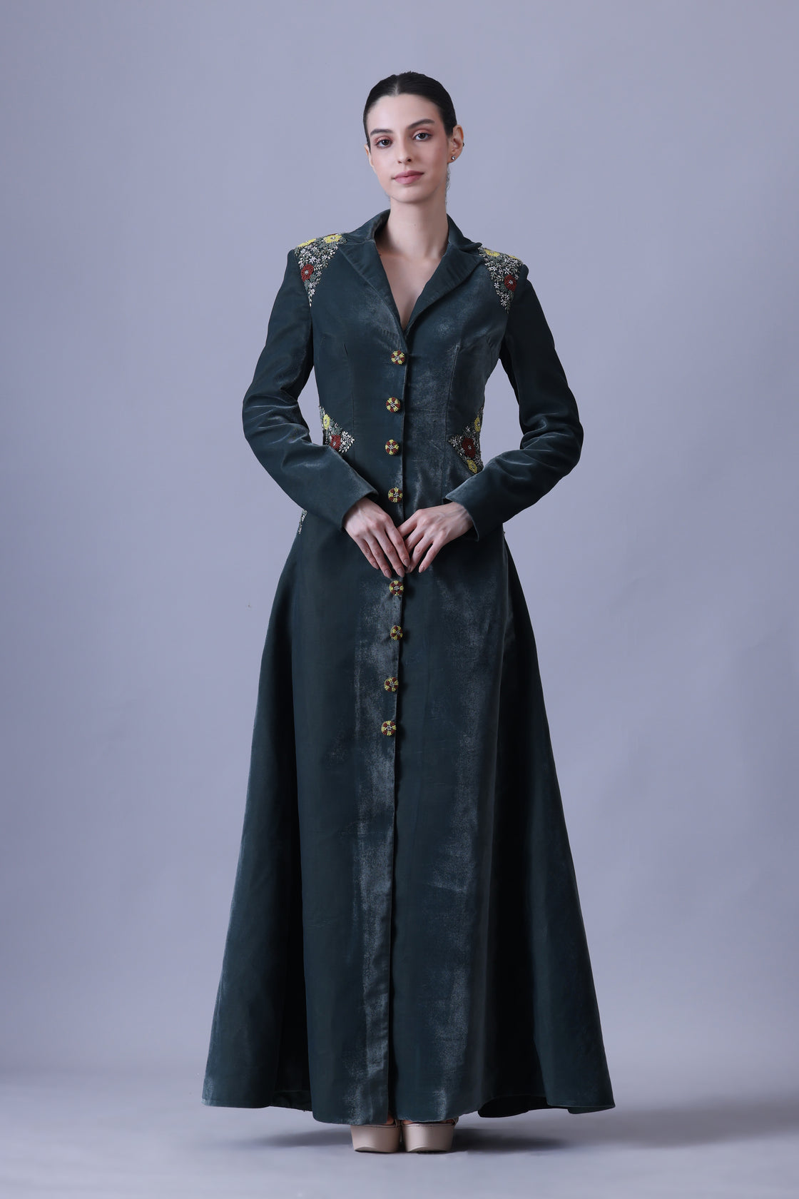 Deep Green Dress Crafted with Delicate Embroidered Accents