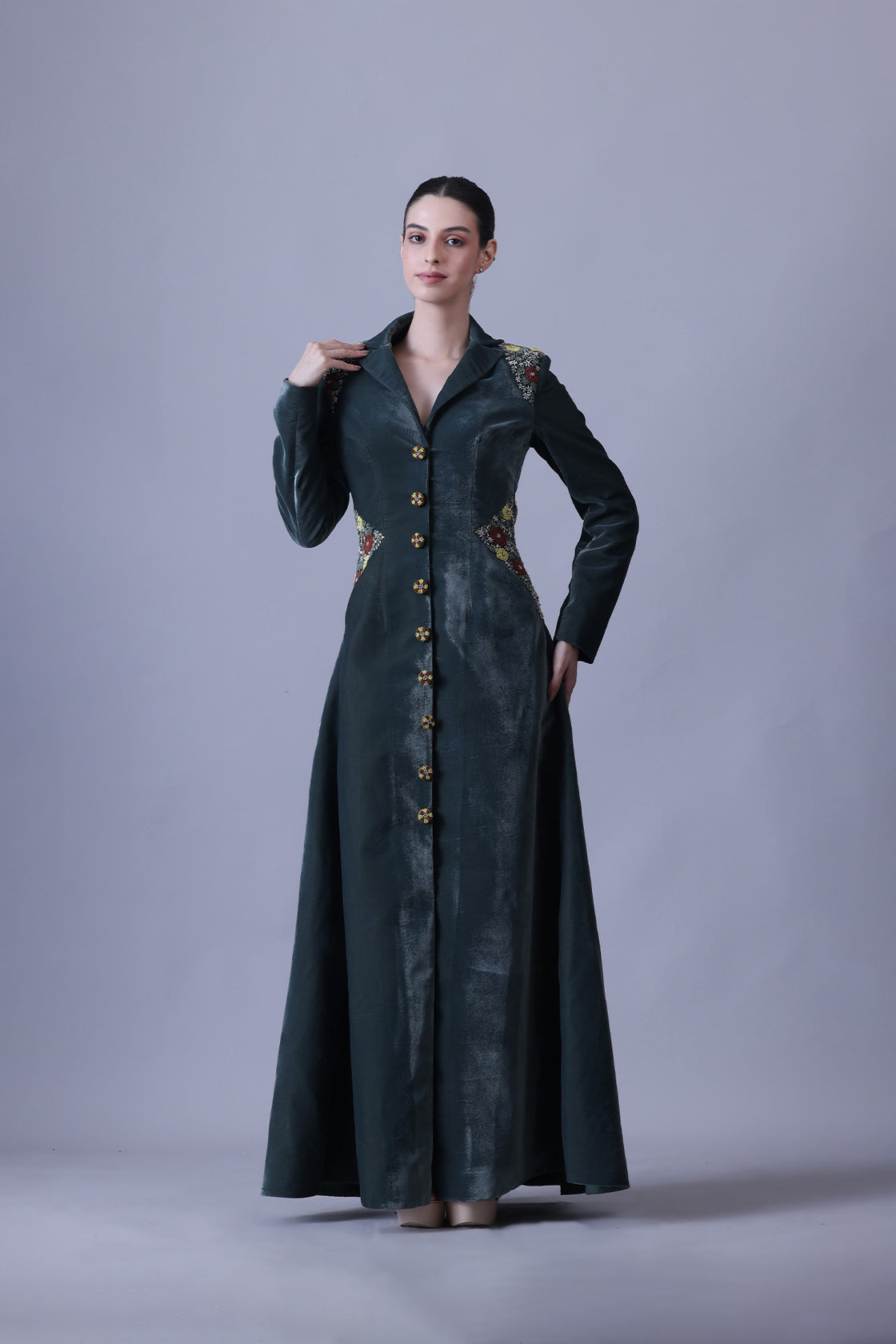 Deep Green Dress Crafted With Delicate Embroidered Accents
