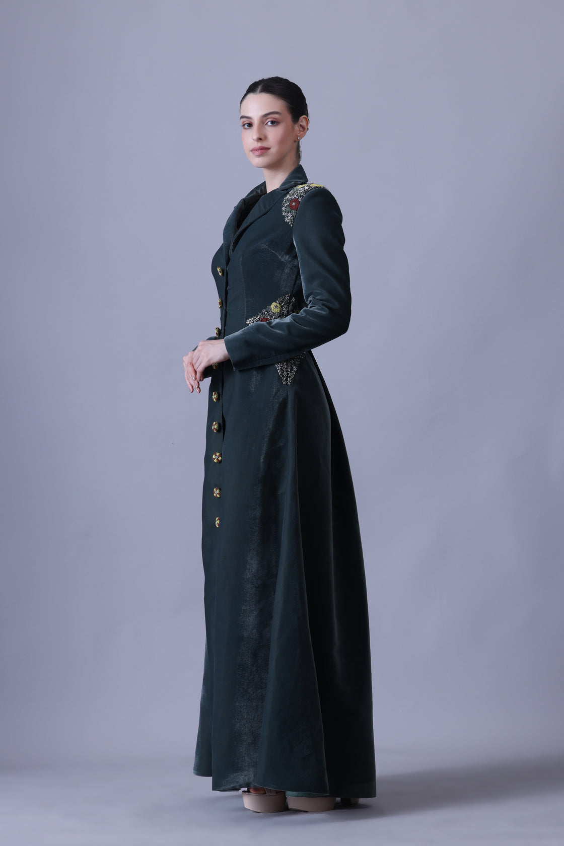Deep Green Dress Crafted with Delicate Embroidered Accents
