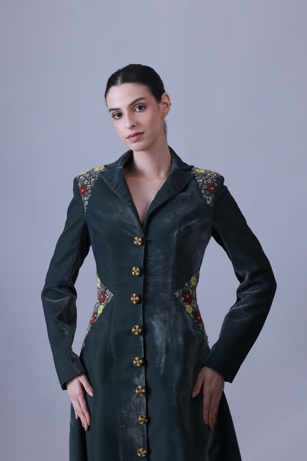Deep Green Dress Crafted With Delicate Embroidered Accents