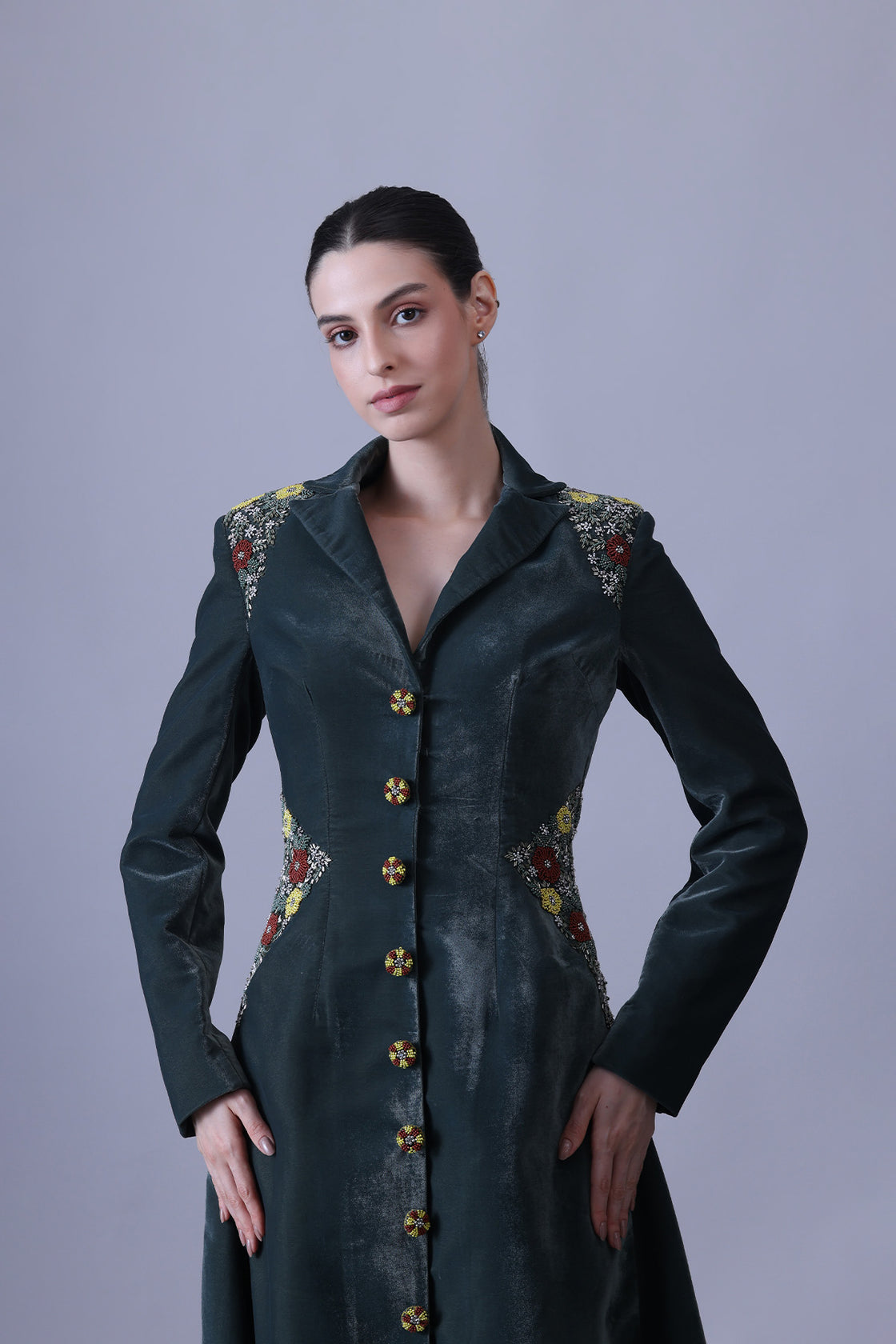Deep Green Dress Crafted With Delicate Embroidered Accents