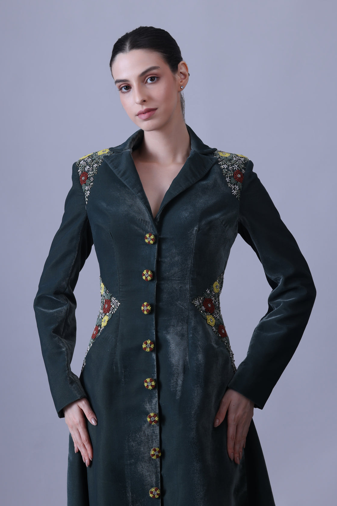 Deep Green Dress Crafted with Delicate Embroidered Accents