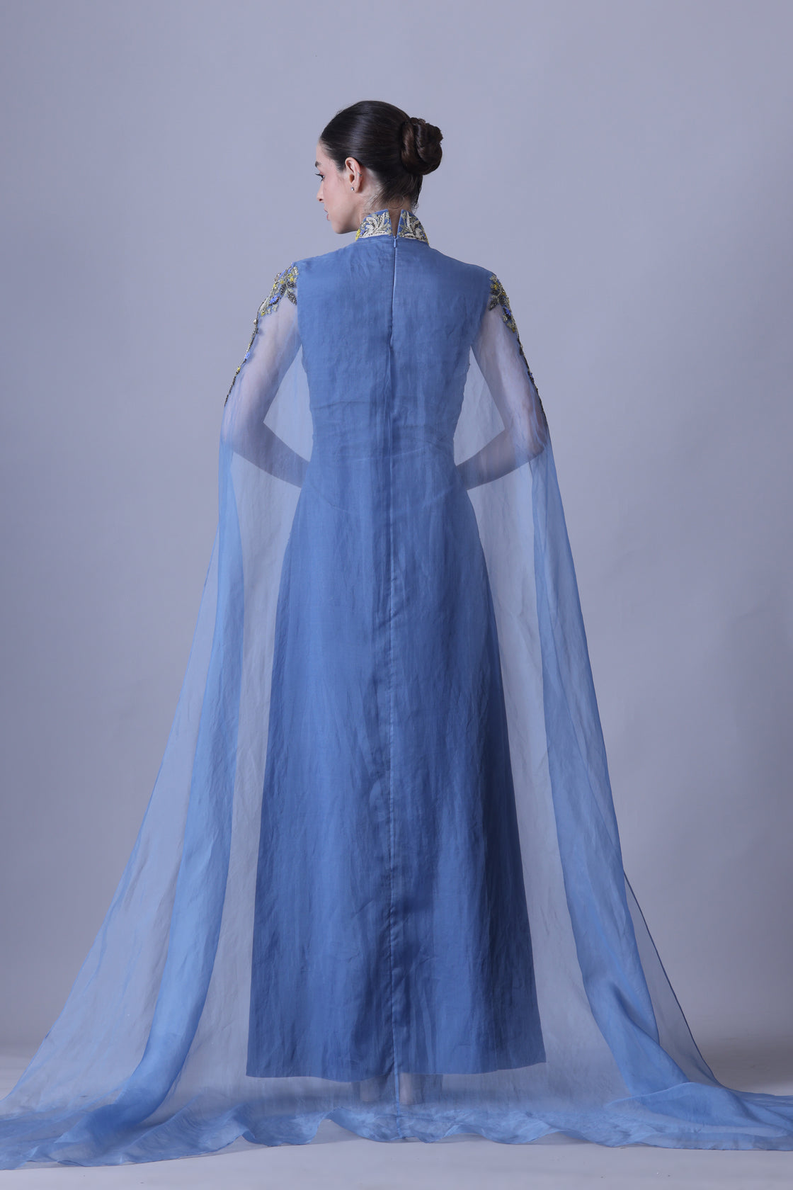 Blue Gown with Artisanal Embroidery and Ethereal Cape Sleeves