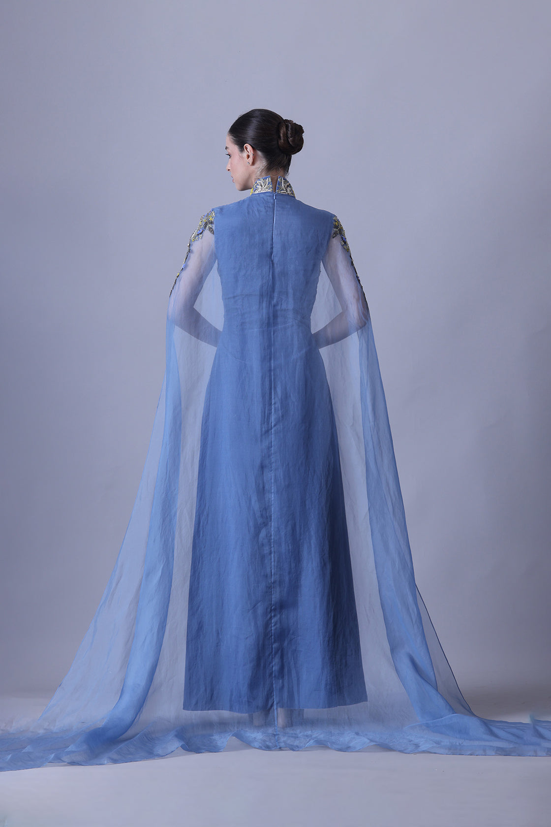 Blue Gown With Artisanal Embroidery And Ethereal Cape Sleeves