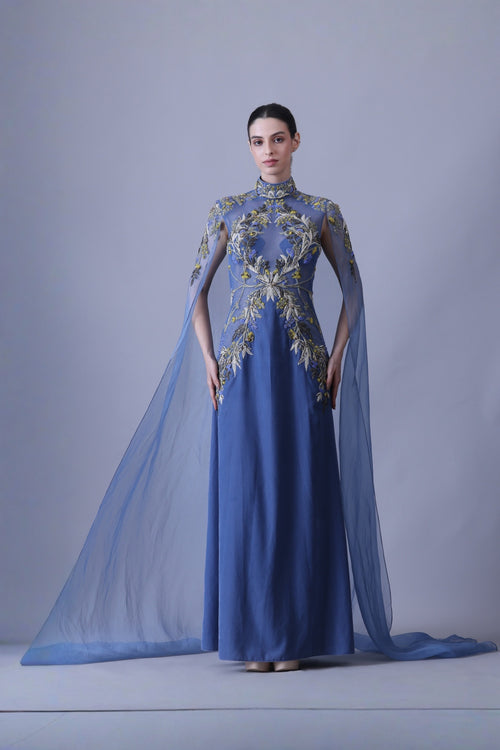 Blue Gown With Artisanal Embroidery And Ethereal Cape Sleeves