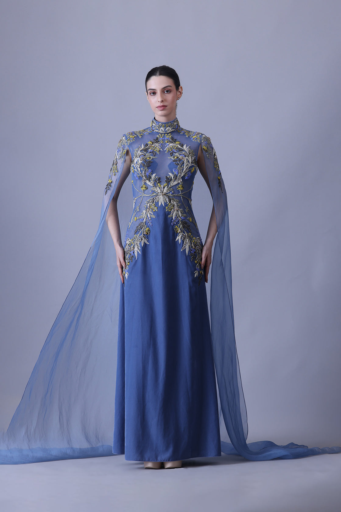 Blue Gown With Artisanal Embroidery And Ethereal Cape Sleeves