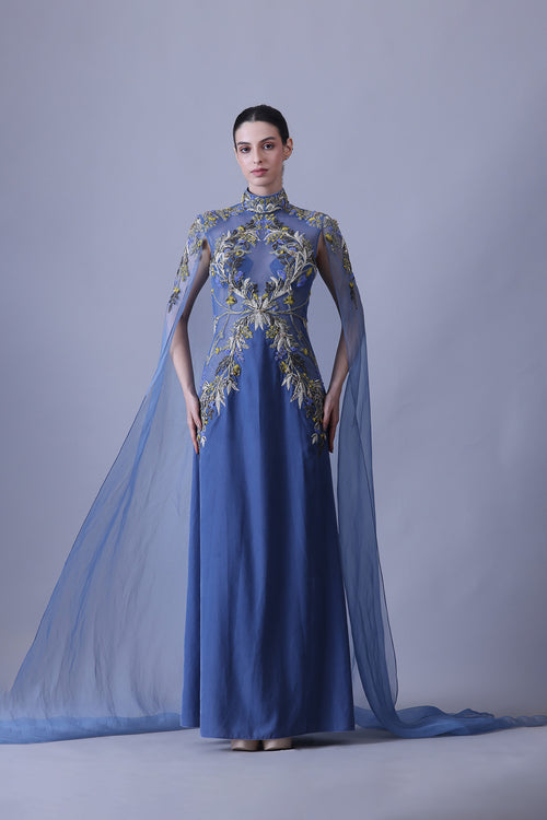 Blue Gown With Artisanal Embroidery And Ethereal Cape Sleeves