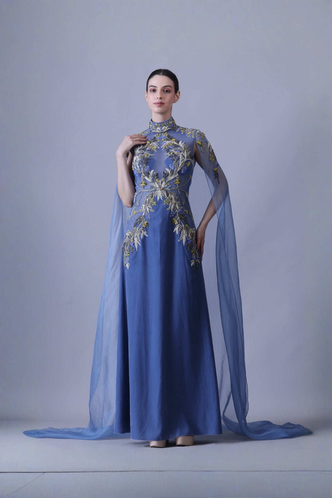 Blue Gown With Artisanal Embroidery And Ethereal Cape Sleeves