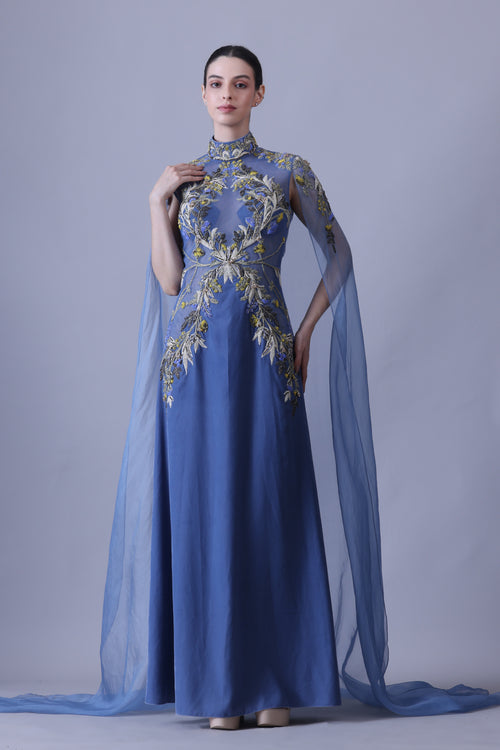 Blue Gown with Artisanal Embroidery and Ethereal Cape Sleeves