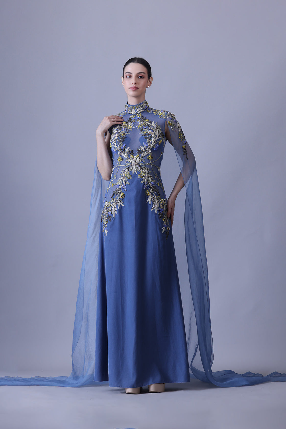 Blue Gown With Artisanal Embroidery And Ethereal Cape Sleeves