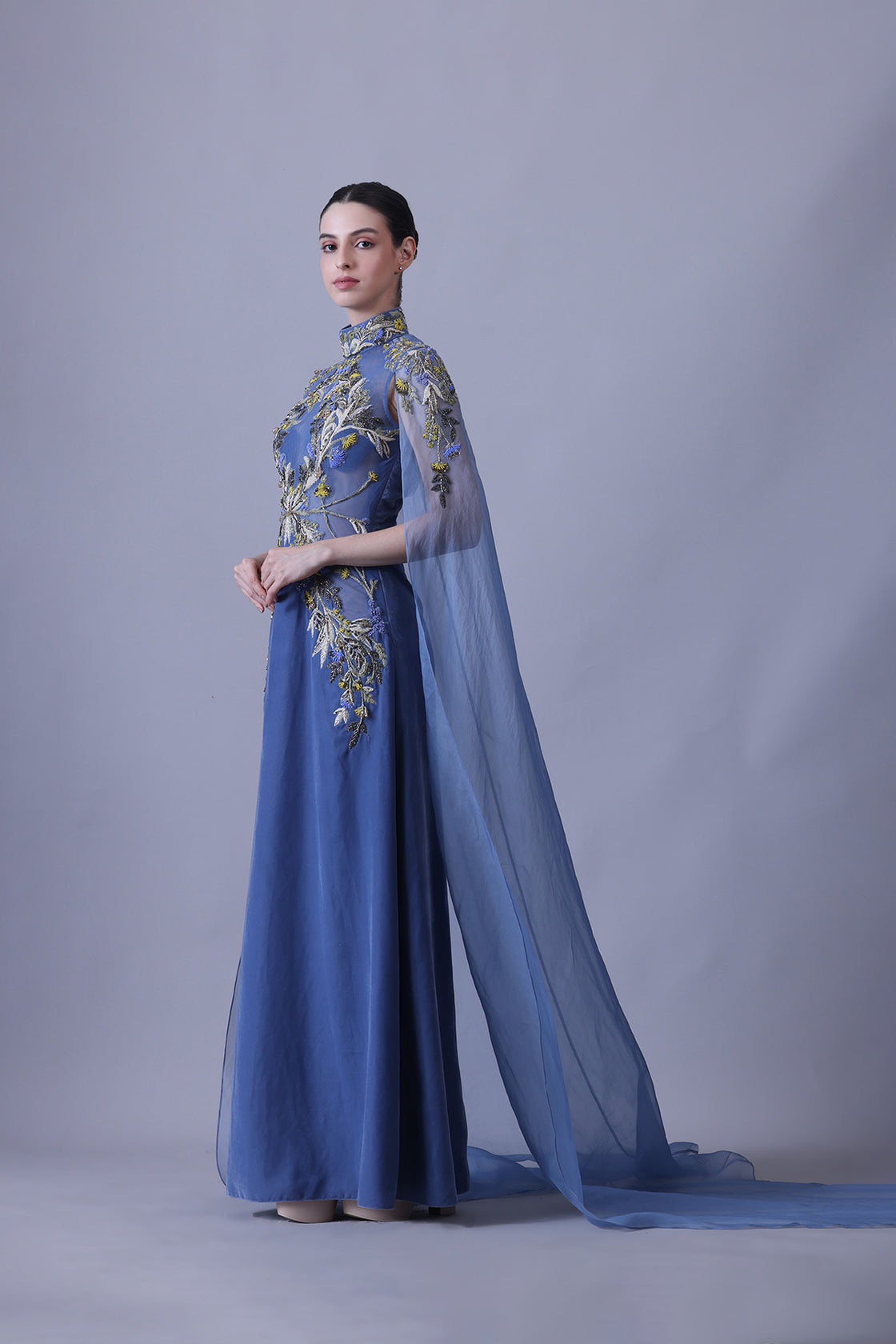 Blue Gown With Artisanal Embroidery And Ethereal Cape Sleeves