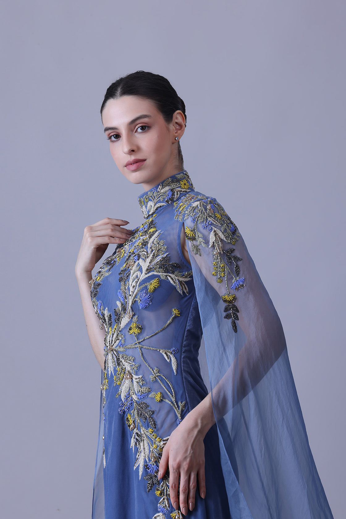 Blue Gown With Artisanal Embroidery And Ethereal Cape Sleeves